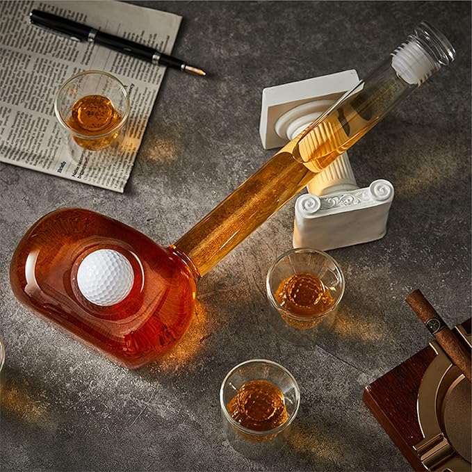 Golf Whiskey Decanter Set with 4 Golf Ball Shot Glasses, Unique Golf Gifts for Men Women, 750ml Golf Themed Liquor Dispenser, Golf Club Drink Dispenser for Bourbon, Scotch, Vodka, Tequila