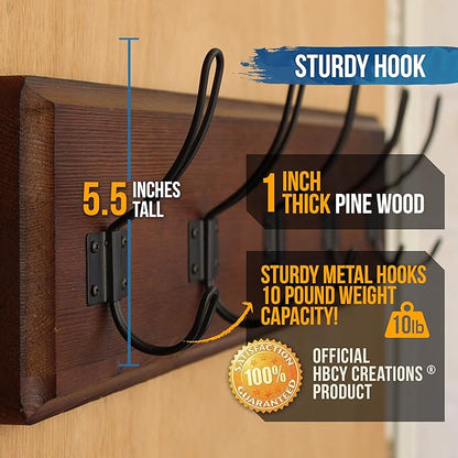HBCY Creations Dark Wash Brown Rustic Coat Rack Wall Mount with 5 Hooks, Solid Pine Wood 24 inch Wall Hooks for Entryway, Mudroom, Hallway, Bathroom - Vintage Farmhouse Style Wall Mounted Towel Rack