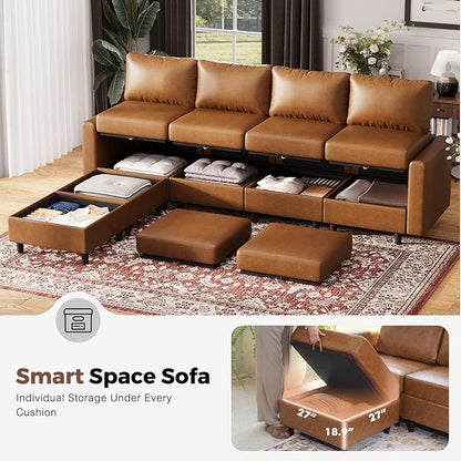 Oversized 172.5" Faux Leather Modular Sectional Sofa, Modern Large 10 Seater U Shaped Couch with Storage Seat with Reversible Chaise Deep Seat for Living Room DIY Combination - Brown