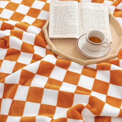 LOMAO Throw Blankets Flannel Blanket with Checkerboard Grid Pattern Soft Throw Blanket for Couch, Bed, Sofa Luxurious Warm and Cozy for All Seasons (Orange, 90"x90")