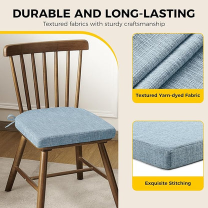 downluxe Indoor Chair Cushions for Dining Chairs, Soft and Comfortable Textured Foam Kitchen Chair Pads with Ties and Non-Slip Backing, 16" x 16" x 2", Light Blue, 2 Pack