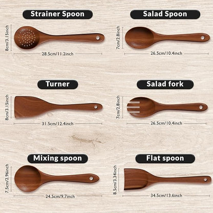6-Piece Acacia Wood Cooking Utensil Set – Wooden Kitchen Pan Toolset for Nonstick Cookware – Includes Spoons & Spatulas – Non-Scratch, Eco-Friendly Cooking Tools – Everyday Use - Lifetime Replacements