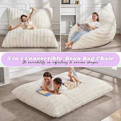 Hobestluk 3 in 1 Bean Bag Chair Giant Bean Bag Chairs for Adults with Ripple Cover Convertible Bean Bag Floor Cushion with Machine Washable Cover for Living Room (Ripple White)