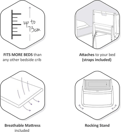 SnuzPod 4 Rocking Baby Bassinet Bedside Sleeper - Lightweight, Portable Bedside Bassinet, Lift Off Crib, Zip Down Wall, 3D Breathable Mattress, 6 Height Settings and Comfort Incline Mode, Natural