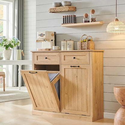Double Tilt Out Laundry Hamper Cabinet, 20 Gallon Farmhouse Trash Can Cabinet with Drawer, Hidden Wood Garbage Can Bin Cabinets with Laundry Storage Basket for Bathroom, Kitchen (Natural)