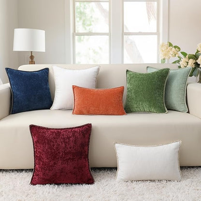 decorUhome Fall Chenille Soft Throw Pillow Covers 16x16 Set of 2, Farmhouse Velvet Neutral Decorative Euro Pillow Covers with Stitched Edge for Couch Sofa Bed Home Decor, Forest Elf