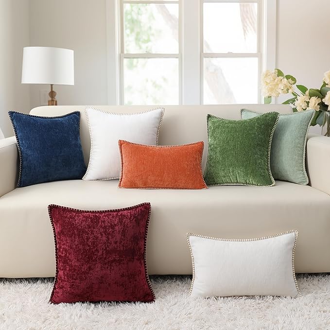 decorUhome Fall Chenille Soft Throw Pillow Covers 20x20 Set of 2, Farmhouse Velvet Neutral Decorative Euro Pillow Covers with Stitched Edge for Couch Sofa Bed Home Decor, Forest Elf