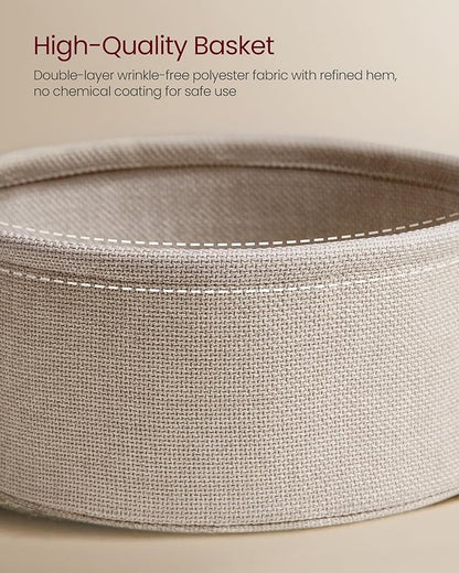 VASAGLE Side Table with Charging Station, Round End Table with Fabric Basket, Nightstand with Power Outlets, USB Ports, for Living Room, Bedroom, Modern, Matte White and Camel Brown ULET228W01