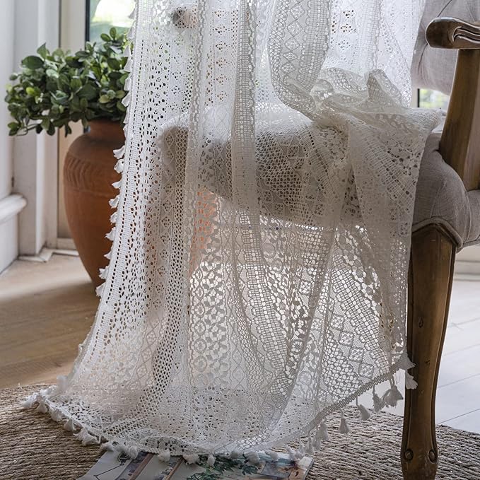 Sutuo Home White Crochet Boho Curtains 63 Inches Length, Sheer Lace Handmade Tassels Knitted Window Treatment Vintage Rustic Bohemian Farmhouse Drape for Bedroom Rod Pocket 1 Panel 59" W x 63" L