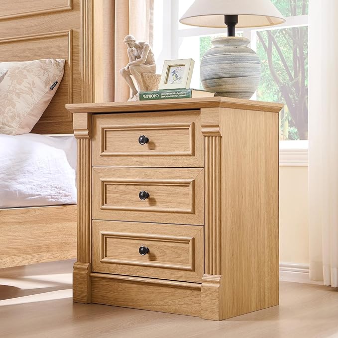 26" Tall Farmhouse Nightstand, 3 Drawers End Table w/Charging Station, 23.6" Wide Large Side Table w/Roman Column, Wood Rustic Sofa Table for Bedroom, Natrual