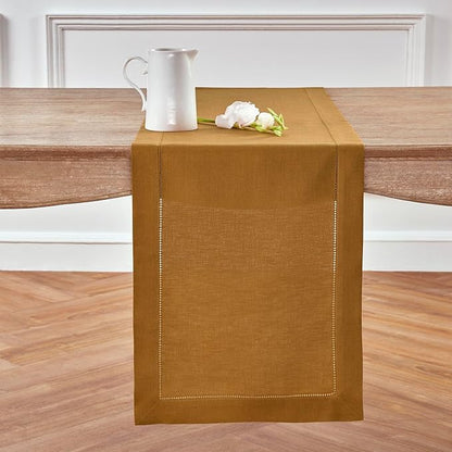 Solino Home Linen Table Runner 48 Inches - 100% Pure Linen Brown Sugar Hemstitch Table Runner 14 x 48 Inch Ideal for Dresser and Coffee Tables - Fall, Autumn, Thanksgiving - Classic Hemstitch
