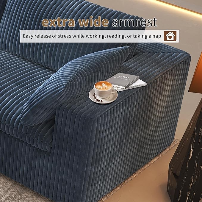 118" V Shaped Corner Modern Sofa Modular Sectional Cloud Couch,Deep Seat Upholstered Couches with Plush Corduroy Fabric for Living Room Furniture,Bedroom and Apartment,No Assembly Required,Blue