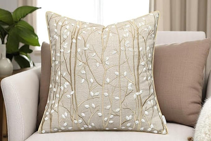 VAGMINE Embroidered Forest Throw Pillow Cover - 20x20 Inches Square - 100% Linen Natural Decorative Cushion Cover - Elegant Embroidery - Rustic Home Accent for Sofa, Bed, Couch, Farmhouse Décor