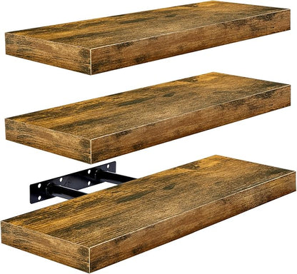 Sorbus Floating Shelves for Wall, Bathroom Shelves Wall Mounted for Kitchen, Bedroom, Bathroom Storage Over Toilet, Hanging Book Shelf for Wall Home Decor Living Room (Rustic Brown, 3 Pack)