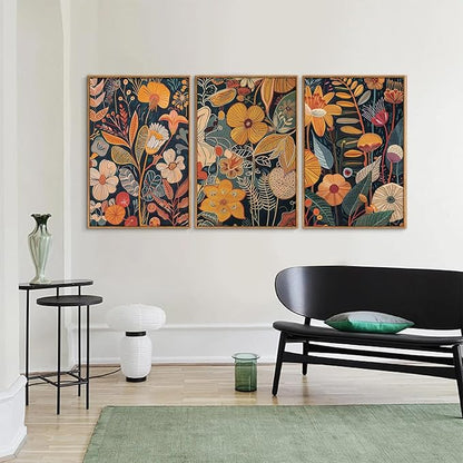 SIGNINART Boho Botanical Framed Canvas Wall Art Set of 3, Mid Century Modern Wall Decor, Burnt Orange Floral Artwork, Neutral Flower Plant Art Prints for Bedroom Living Room Office 24"x36"x3