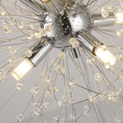 Modern Small Chandeliers, Sputnik Sunflower Crystal Beaded Hanging Lamps, Round Chrome Dandelion Pendant Light for Kitchen Island Bathroom Bedroom Entryway (Chrome 8Lights)
