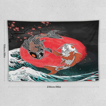Houselerax Koi Fish Tapestries,Japanese Style Yin Yang Big Wave Cherry Blossoms Tapestry Wall Hanging for Bedroom Living Room Office Decor 90"x60"