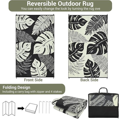 GAOMON Waterproof 8x10 Outdoor Rug Reversible Plastic Straw Rug Modern Patio Carpet, Foldable Lightweight RV Camping Mat with Portable Bag & 4 Stakes, UV Resistant & Sturdy for Picnic, Beige
