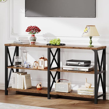LVB Wood Console Table, Rustic 3 Tier Sofa Table Behind Couch, Industrial Metal Entryway Table with Storage Shelf, Farmhouse Wooden Foyer Hallway Table for Entry Living Room, Rustic Brown, 55 Inch