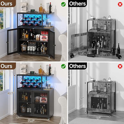 Wine Bar Cabinet with Wheels, 4-Tier Bar Cart with Power Outlets and LED Light, Liquor Cabinet Home Mini Bar with Wine Rack, Coffee Bar Cabinet for Liquor, Black