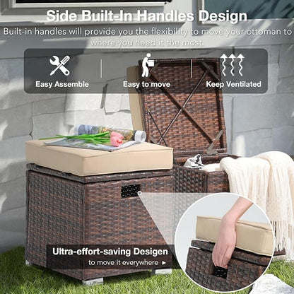 Patiorama 2 Piece Outdoor Patio Ottomans, All-Weather Brown PE Rattan Wicker Ottoman with Storage, Outdoor Footrest Footstool Seat w/Thick Cushion, Built-in Handle for Backyard Poolside Porch (Beige)