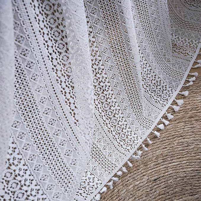 Sutuo Home Boho Sheer Curtain 108 Inches Long, Crochet Lace with Bohemian Hollow Knitted Handmade Tassels,Vintage Farmhouse Window Treatment for Bedroom, Rod Pocket, 1 Panel 59" W x 108" L, White