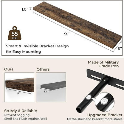 RICHFOCUS 72Inch Floating Shelves for Wall 1 Pack Shelves for Bedroom|Kitchen|Bathroom Wall Mounted Rustic Wood Floating Shelf with Invisible Brackets for Books|Storage|Decor, Rustic Brown