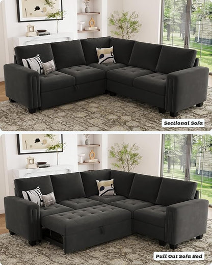 Belffin Modular Sectional Sleeper Sofa with Pull Out Couch Bed Velvet Convertible L Shaped Sectional Couch for Living Room Apartment Grey