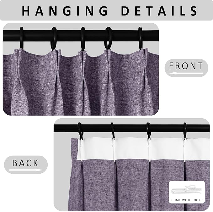 Macochico Pinch Pleated Full Blackout Curtains for Bedroom Living Room Violet Linen Curtains Thermal Insulated and Noise Reducing Window Panels with Tieback Shabby Chic Decor 84”Wx84”L 1 Panel