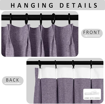 Macochico Pinch Pleated Blackout Curtains 102 Inches Long 100% Light Blocking Violet Linen Drapes for Bedroom Living Room Farmhouse Shabby Chic Burlap Curtains with Tieback 72”Wx102”L 1 Panel