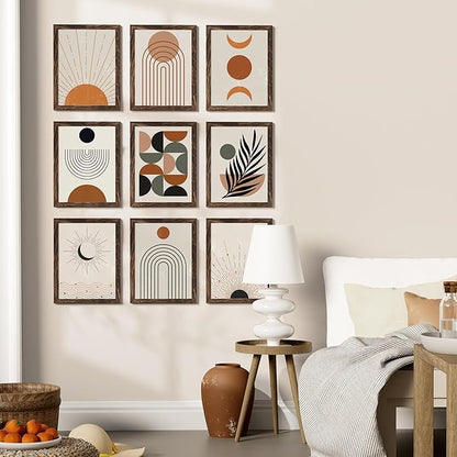 Vittanly 9x12 Picture Frames Set of 9, Shatter Resistant Plexiglass, Display 6x8 Pictures with Mat or 9x12 without Mat, Photo Frames for Wall or Tabletop, Engineered Wood, Brown