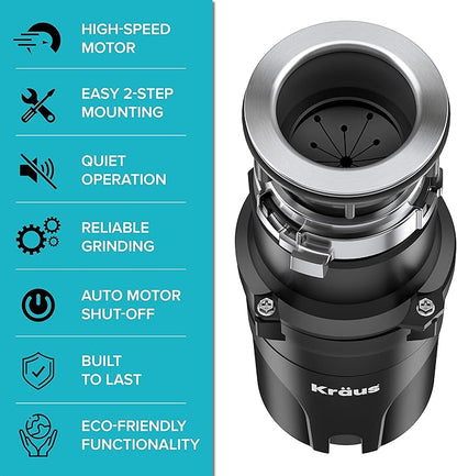 KRAUS WasteGuard 1/2 HP Continuous Feed Ultra-Quiet Motor Garbage Disposal with Quick Connect Mount, Power Cord and Flange Included, KWD110-50MBL