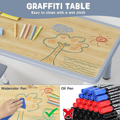Brelley Kids Table and 6 Chairs Set, Height Adjustable Toddler Desk and Chair Set, Graffiti Desktop, Classroom/Daycare/Home, Children Multi-Activity Table for Ages 2-8