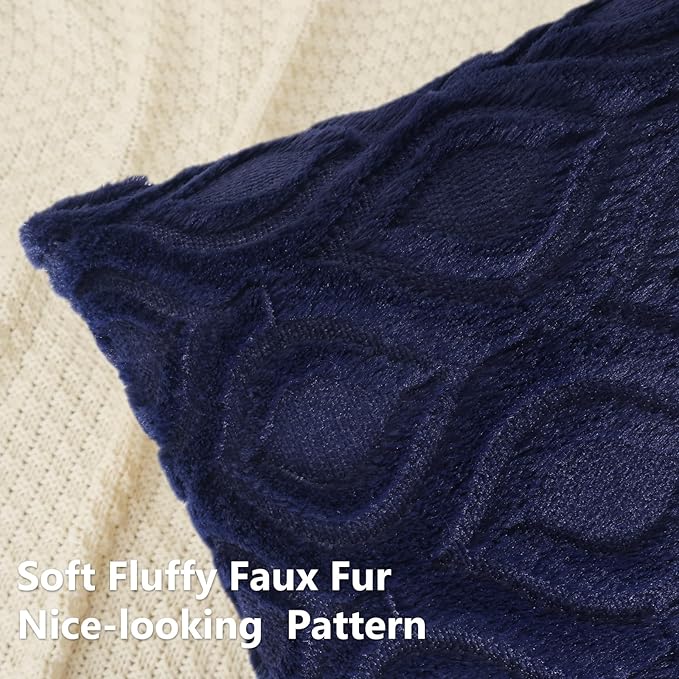 decorUhome Fall Throw Pillow Covers 20x20 Inch Set of 2, Soft Plush Decorative Faux Fur Navy Blue Solid Couch Pillow Covers, Accent Farmhouse Neutral Square Euro Pillow Cases for Sofa Bed Living Room