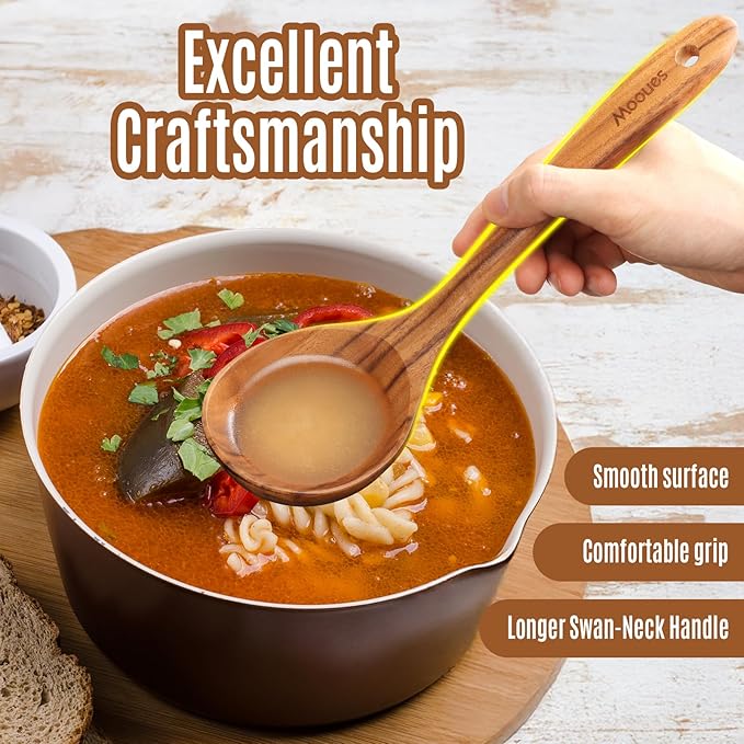 Wooden Spoons for Cooking, 12PCS Teak Wooden Kitchen Utensil Set with Spoon Rest - Smooth Finish, Non-Stick, Comfortable Grip, Heat Resistant Cooking Utensils Set