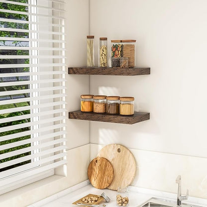 RICHFOCUS 16Inch Floating Shelves for Wall 2 Pack Shelves for Bedroom|Kitchen|Bathroom Wall Mounted Rustic Wood Floating Shelf with Invisible Brackets for Books|Storage|Decor, Rustic Brown
