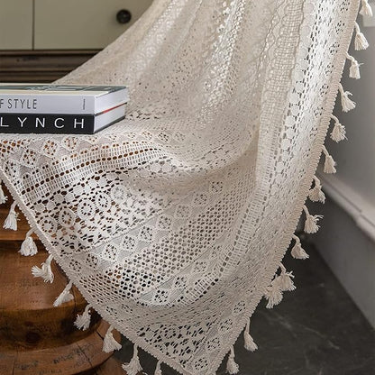 Sutuo Home Boho Sheer Curtain 108 Inches Long, Crochet Lace with Bohemian Hollow Knitted Handmade Tassels,Vintage Farmhouse Window Treatment for Bedroom, Rod Pocket, 1 Panel 59" W x 108" L, Beige