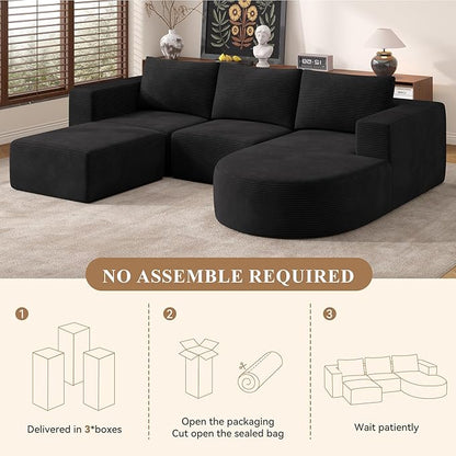 Modular Sectional Sofa with L-Shape Chaise,Cloud Sectional Modern Sleeper Couch with Deep Seat,Sponge Compression Sofas No Assembly Required (Black-Corduroy Fabric) 1pcs