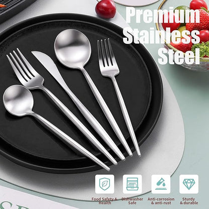 Matte Silverware Set for 4,Modern Stainless Steel Brushed Cutlery Set,20-Pieces Heavy Duty Flatware Set,Knives Spoons and Forks Set Utensils Set, Satin Finish, Dishwasher Safe