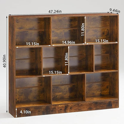 LEYAOYAO 10 Cube Bookshelf with Base,3 Tier Mid-Century Modern Grey Bookcase,Standing Wide Bookshelves Storage Organizer Shelf,Rustic Wood Display Cabinet Book Shelves for Bedroom,Living Room,Office