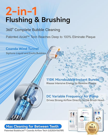 RANVOO [Vibrating & Flossing 2-in-1 AirJet Bubble Sonic Electric Toothbrush, 100% Plaque Removal, Whiter for Adult Protect Gum Orthodontic Teeth Clean Rechargeable Gift with 2 Soft Brush Heads Grey