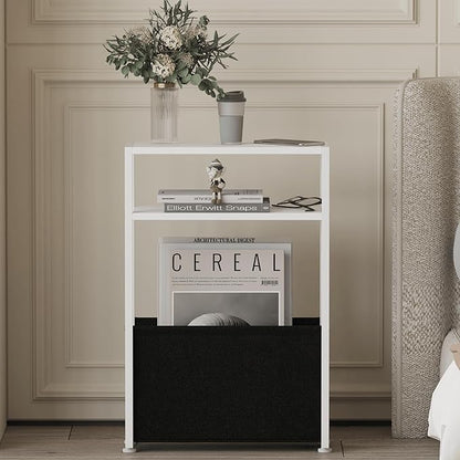Narrow Side Table, Slim End Tables with Fabric Basket, Skinny Table for Small Spaces, Thin Bedside Table for Living Room, Bedroom, White, ZBZ01