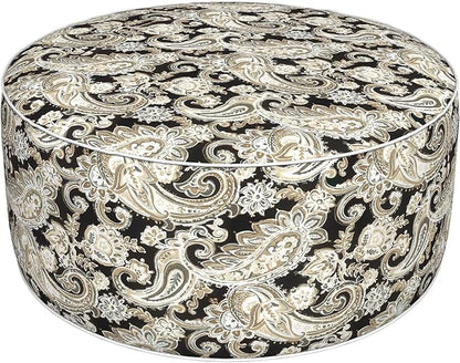 Inflatable Ottoman Stool D31 xH14 for Outdoor/Indoor Use, Water Repellent Patio Foot Rest Stool with Portable Handle,Round Pouf Ottoman Suitable for Garden,Deck and Camping - Paisley Black