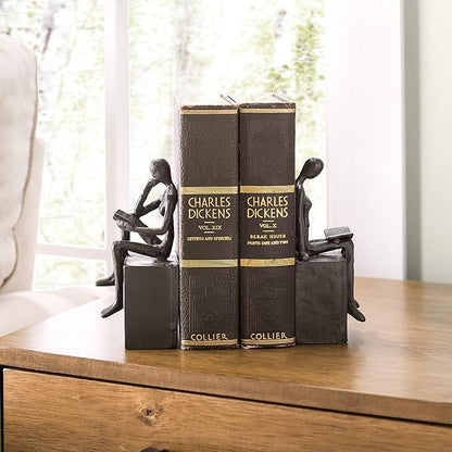Danya B. Metal Art Shelf Decor - Decorative Cast Iron Bookend Set - Man and Woman Reading on a Block