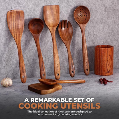 Wooden Spoons for Cooking, Kitchen Utensils Set, Wood Spatulas Soup Ladle Serving Spoons Teak Wooden Utensil Set（8 Pieces ）