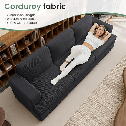 2 Pieces Corduroy Couch Set for Living Room, Black Cloud Sofa, Deep Seat Floor Couch for Bedroom, Futon Modern Sofa Sectional Bed, Black Corduroy