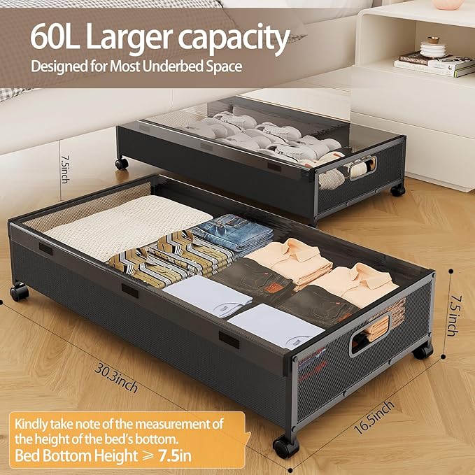 Under Bed Storage Containers with Wheels, 2 Pack Underbed Shoe Storage Organizer with Removable Lids, Large Rolling Under Bed Storage Dresser Drawers for Clothes Toys Shoes Blankets