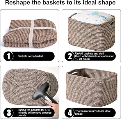 Storage Baskets for Organizing Shelves, Woven Cotton Rope Bins for Baby Nursery Organization, Book Toy Towel Organizer, 15"x11"x9.5", 3 Packs, Dark Brown