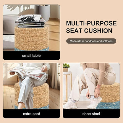 16'' Round Ottoman Natural Seagrass Braided Poof Hand Weaving Round Ottomans Boho Footrest Stool for Home Living Room Bedroom Patio(Natural&Blue)