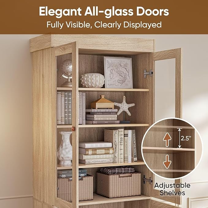 Vyre 71" Tall Farmhouse Bookshelves with Glass Doors, Set of 3 – Large Modular Bookcase with Adjustable Shelves, Storage Cabinet for Living Room, Kitchen, Home Office, Brown